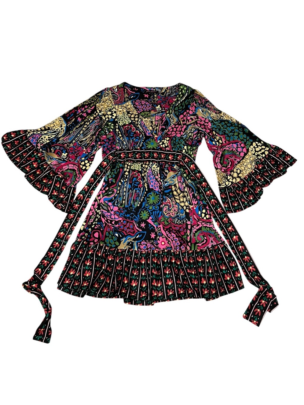 Betsey Johnson Fall 2007 Bambi Dress Waist Tie Ruffle Hem Bell Sleeve Sz 10 USA